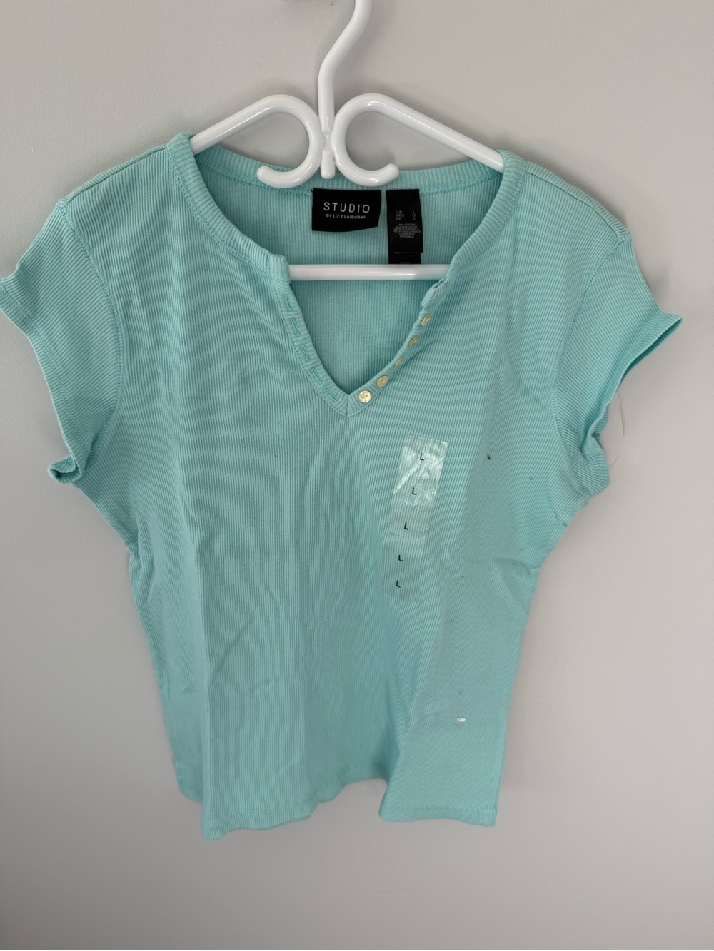Liz Claiborne Aqua Ribbed V-Neck Short Sleeve Tee